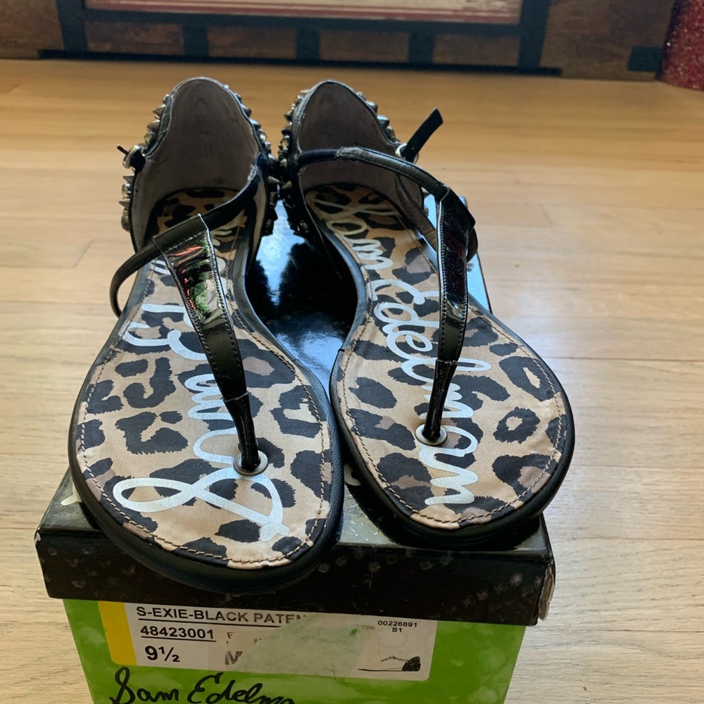 Sam Edelman s-exie studded black leather animal print sandal thong